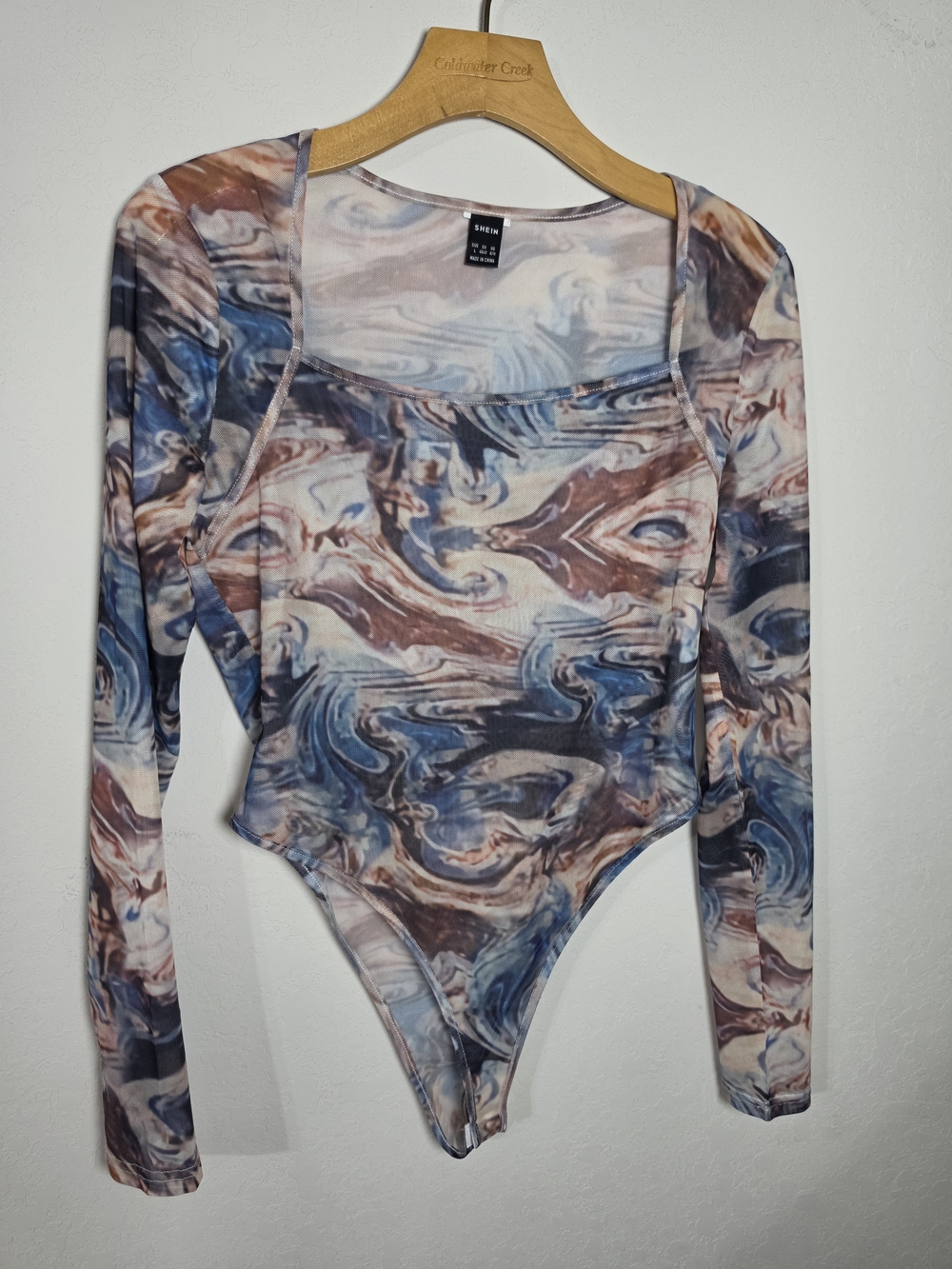 SHEIN Marble-Print Long Sleeve Square Neck Bodysuit in Blue and Brown Tones